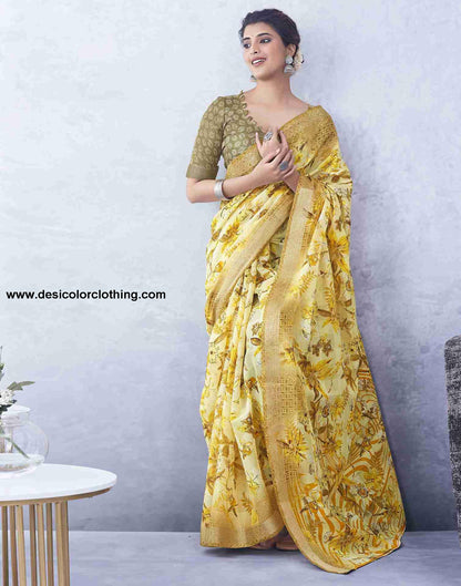 Yellow Cotton Printed Saree