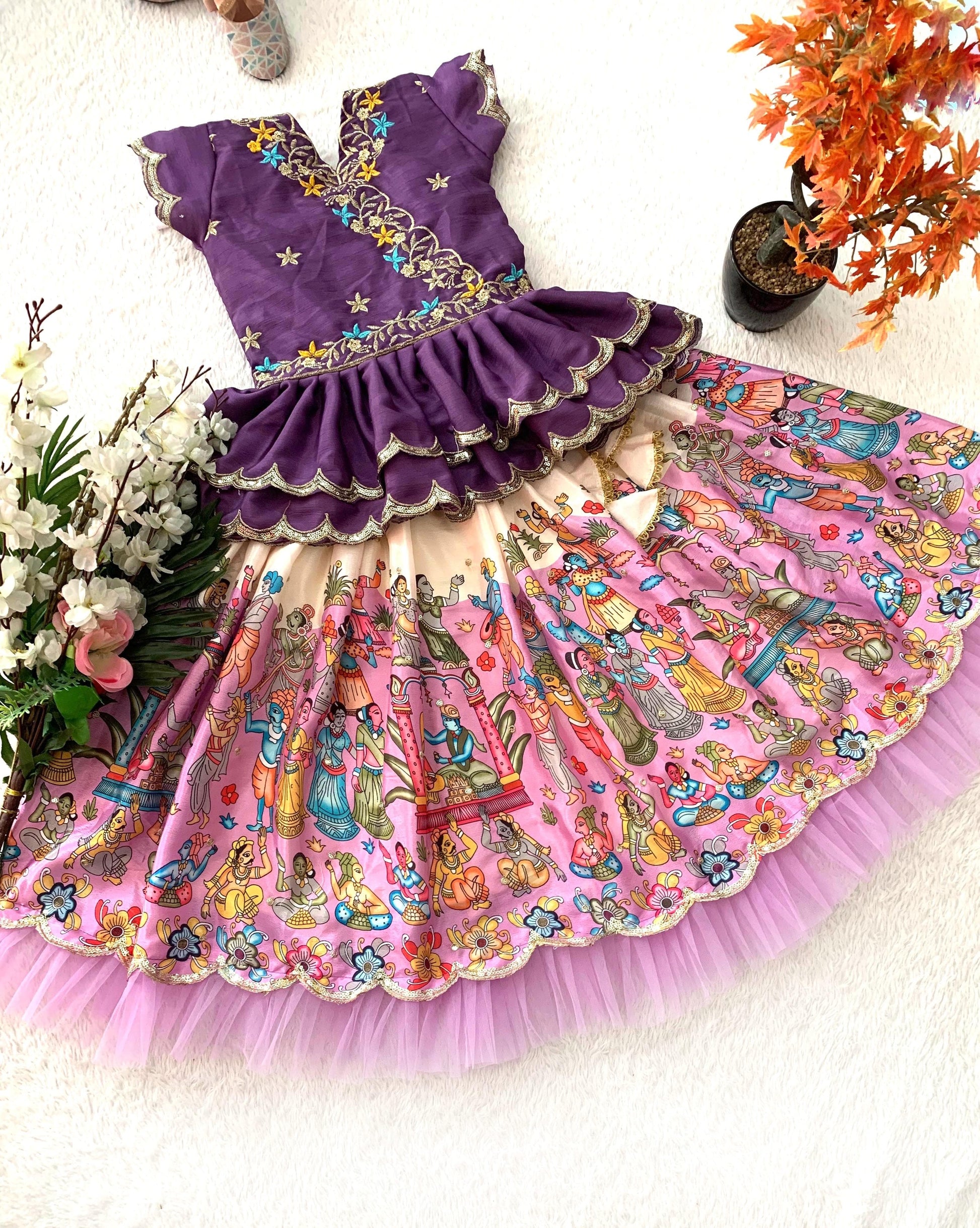 Product Image - Trending Kalam Kari Printed & Embroidered Lehenga Blouse for Kids