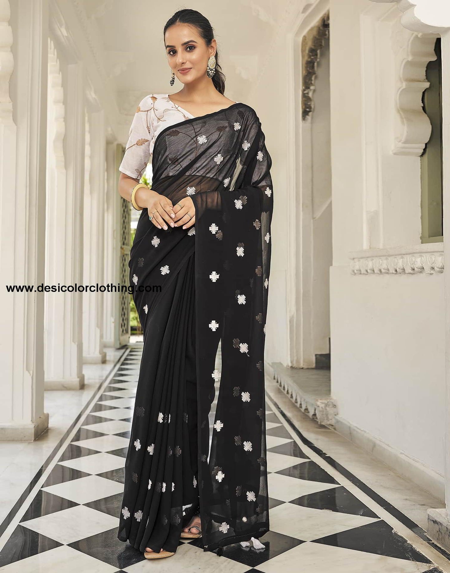 Black Printed Georgette Embroidery Saree