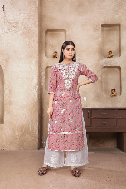 Product Image - Elegant Chikankari Kurti Plazoo - Premium Georgette Fabric for Festive Wear