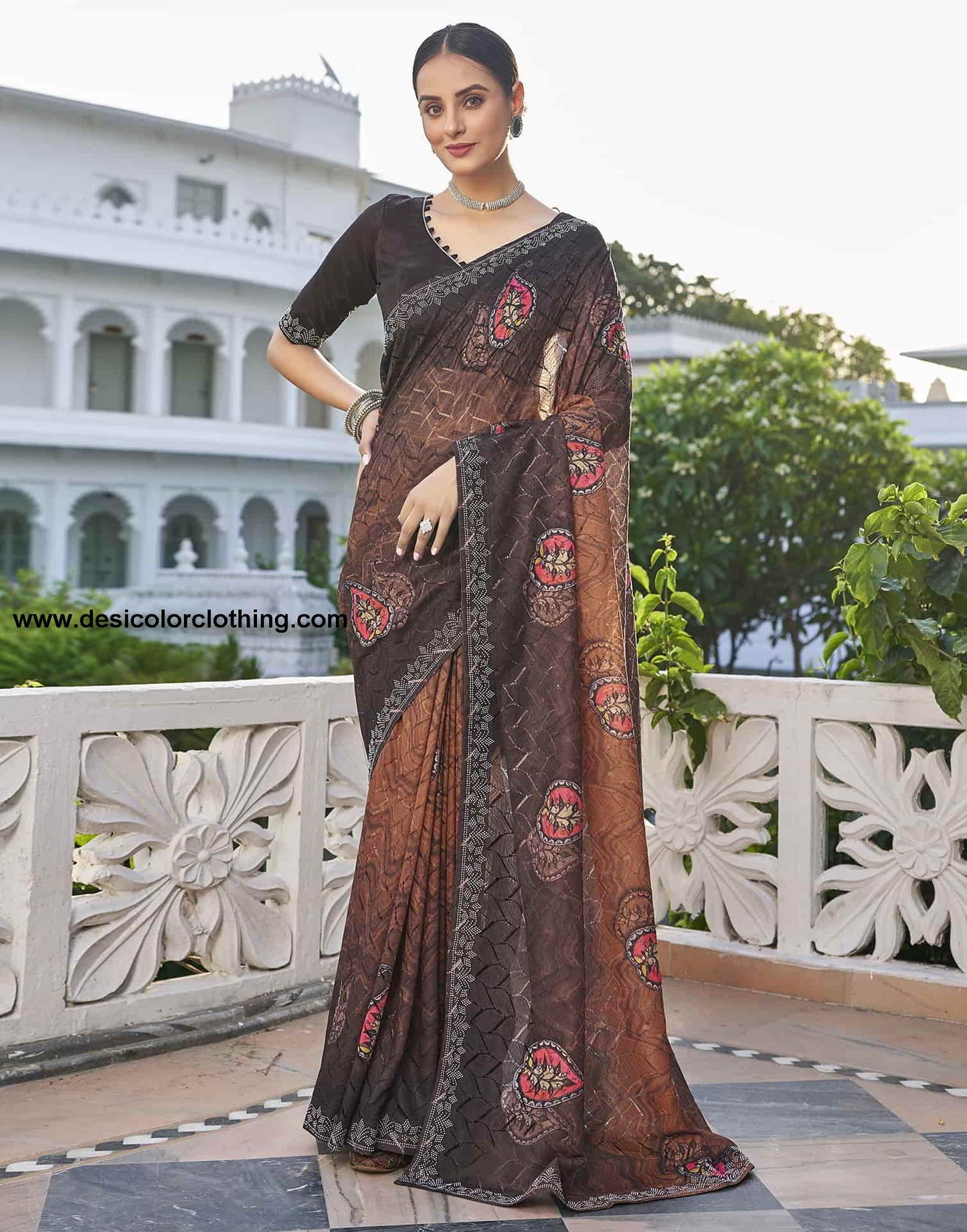 Brown Printed Net Stone Work Saree