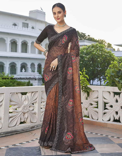 Brown Printed Net Stone Work Saree
