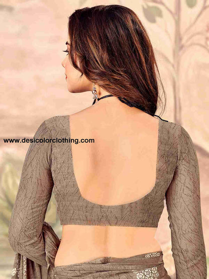 Brown Chiffon Printed Saree