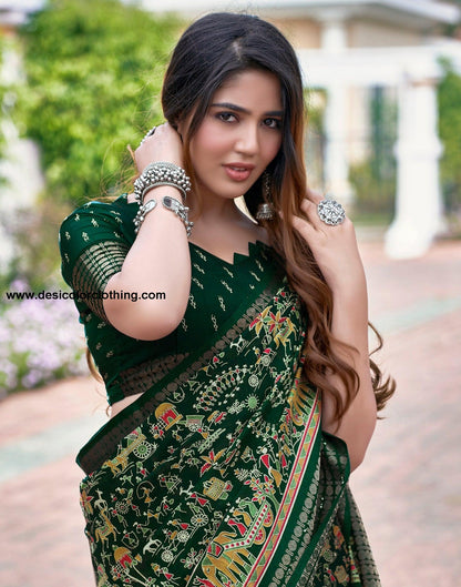 Bottle Green Silk Printed Saree