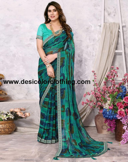 Rama Green Chiffon Printed Saree