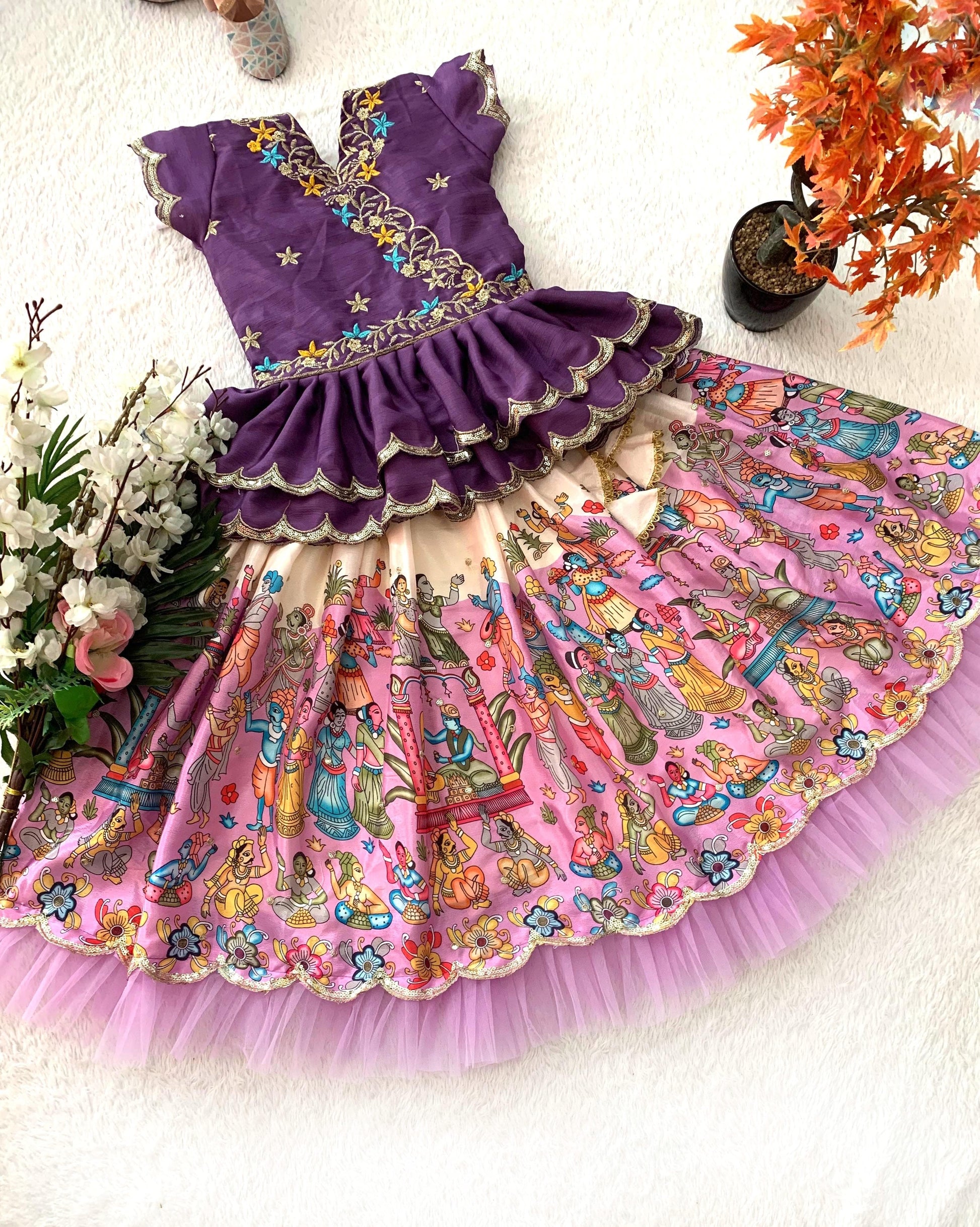 Product Image - Trending Kalam Kari Printed & Embroidered Lehenga Blouse for Kids