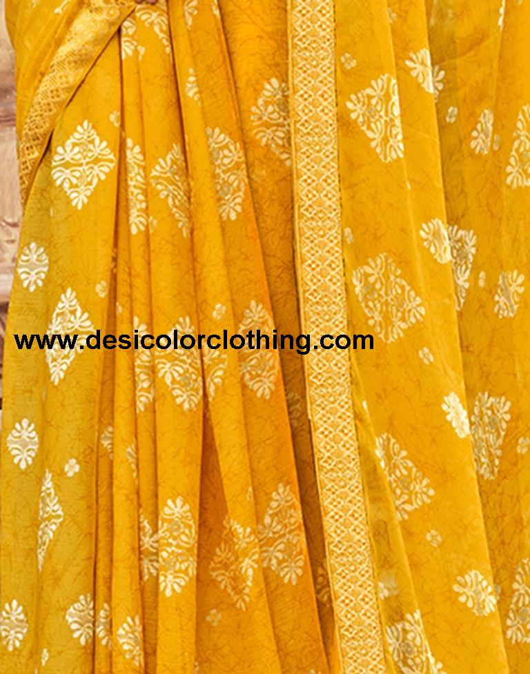 Yellow Chiffon Printed Saree
