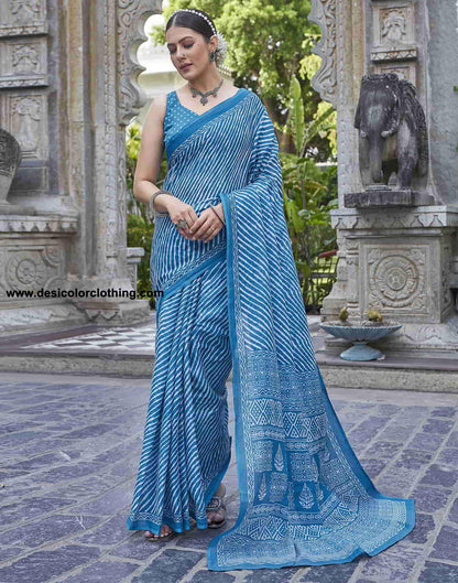 Blue Printed Cotton Leheriya Saree