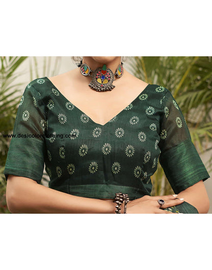 Dark Green Cotton Printed Saree