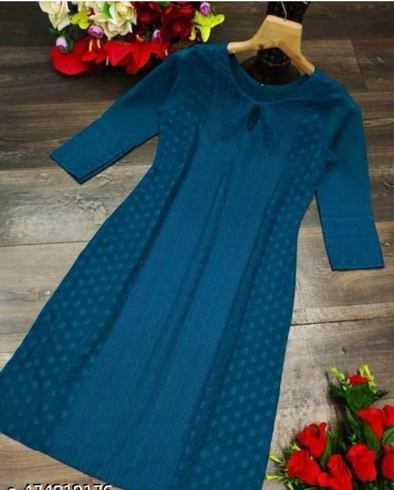 A blue georgette kurta with floral embroidery