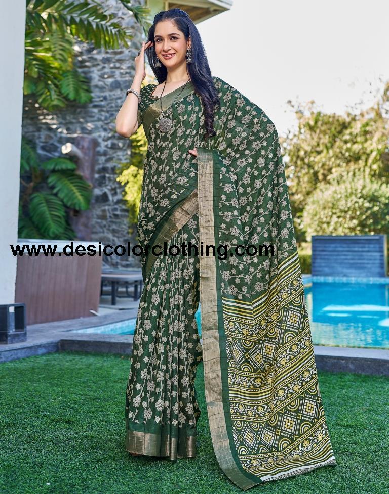Dark Green Silk Printed Saree