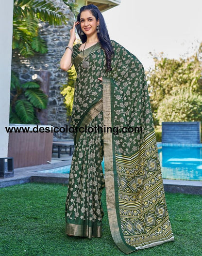 Dark Green Silk Printed Saree