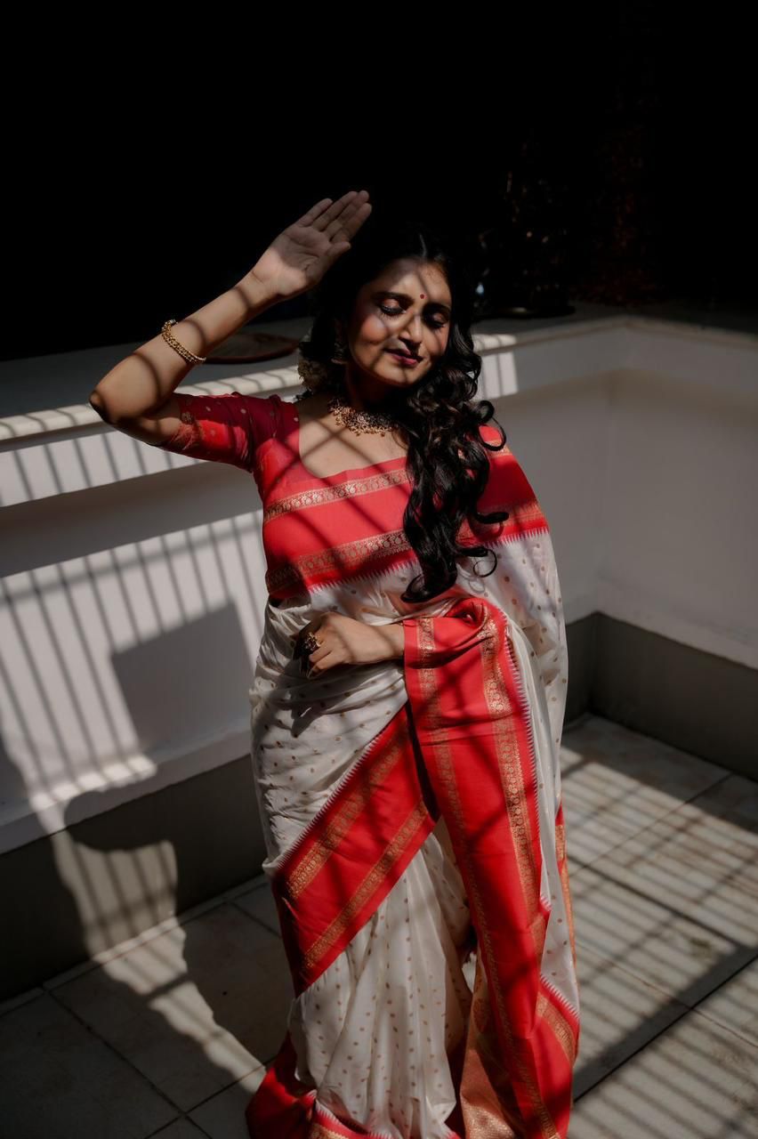 Product Image - Elegant Designer White to Red & Black to Red Soft Silk Saree with Bentex Border
