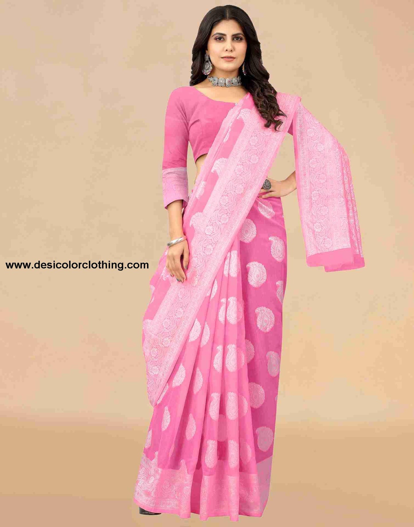 Pink Cotton Plain Saree