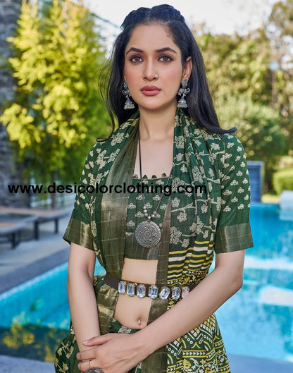 Dark Green Silk Printed Saree