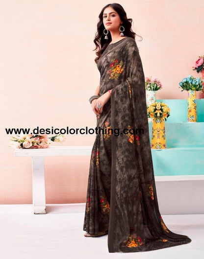 Brown Renial Printed  Saree