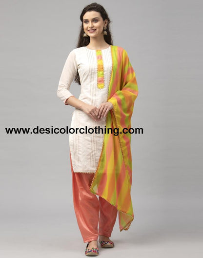 Blooming Off White Cotton Embroidered Unstitched Salwar Suit