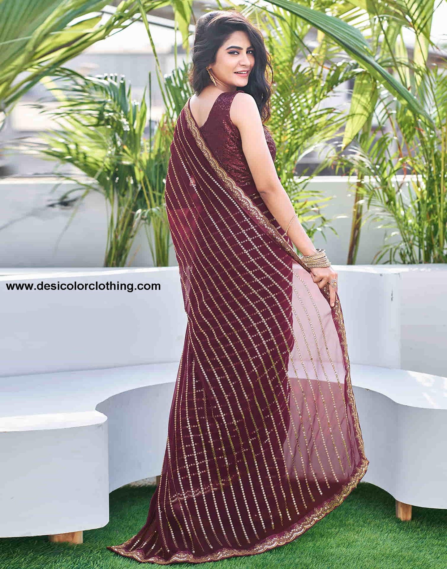 Brown Georgette Sequence Saree