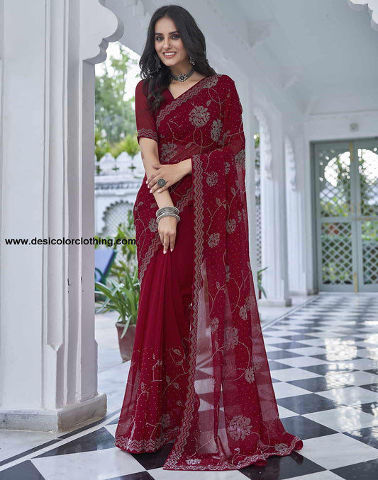 Red Swarovski Georgette Stone Work Saree