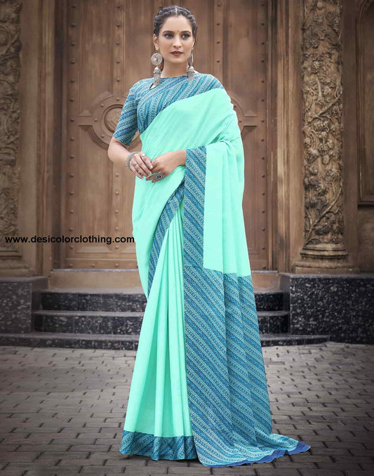Turquoise Silk Printed Saree