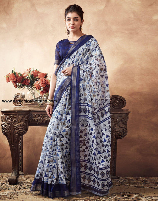 Blue Printed Cotton Saree
