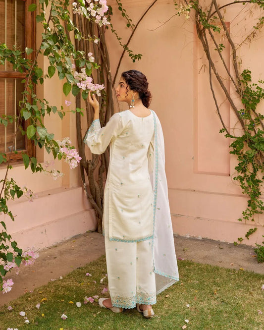 Product Image - Exquisite White Bul Bul Wedding Suit Set - Pure Chanderi with Heavy Embroidery