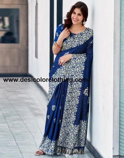Dark Blue Silk Printed Saree