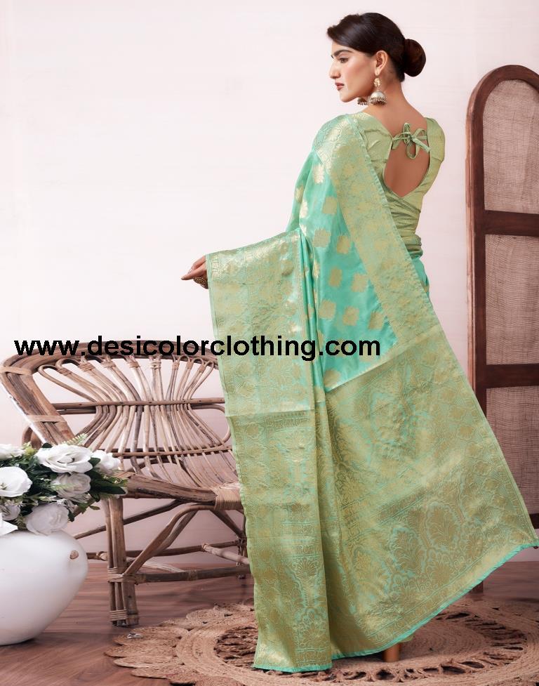 Turquoise Organza Woven Saree