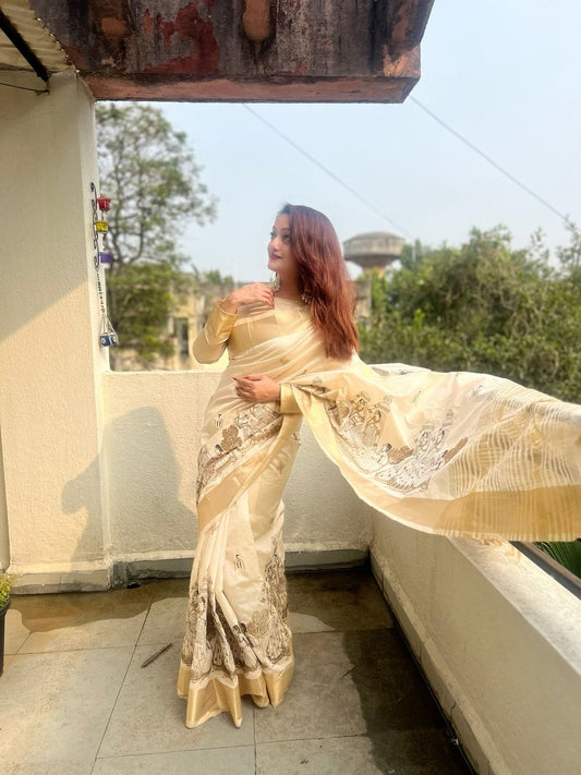 Product Image - Soft Tussar Silk Designer Saree with Kalamkari Embroidery - Festive & Wedding Wear