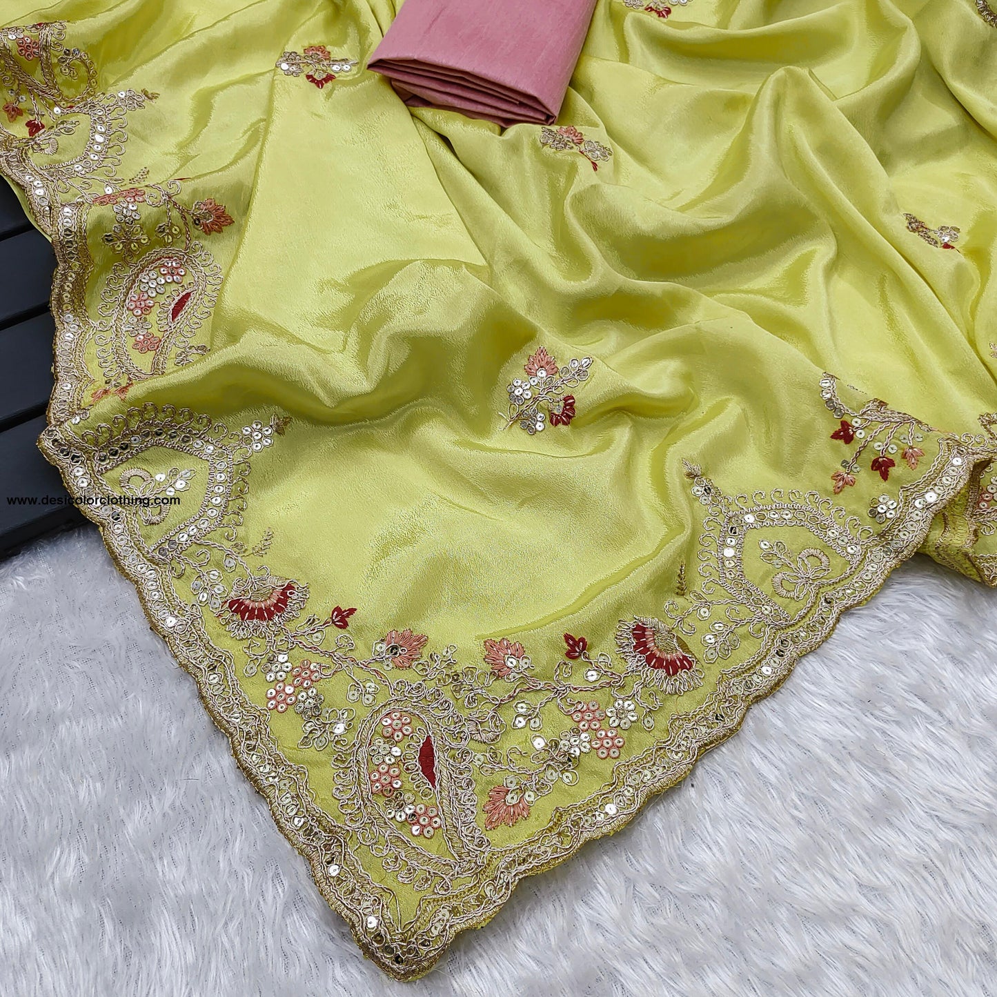 Premium Diamond Chinon Silk Saree with Heavy Embroidery