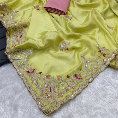 Premium Diamond Chinon Silk Saree with Heavy Embroidery