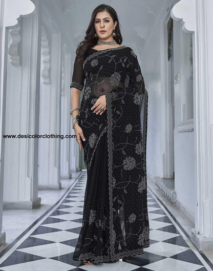 Black Swarovski Georgette Stone Work Saree