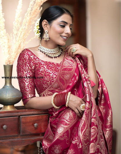 Dark Pink Silk Plain Saree