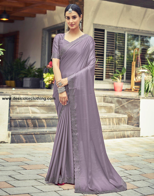 Dull Light Purple Plain Silk Saree