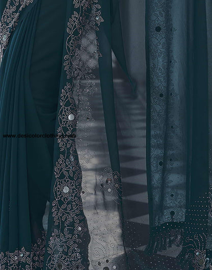 Blue Swarovski Georgette Stone Work Saree