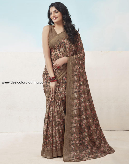 Brown Printed Georgette Saree