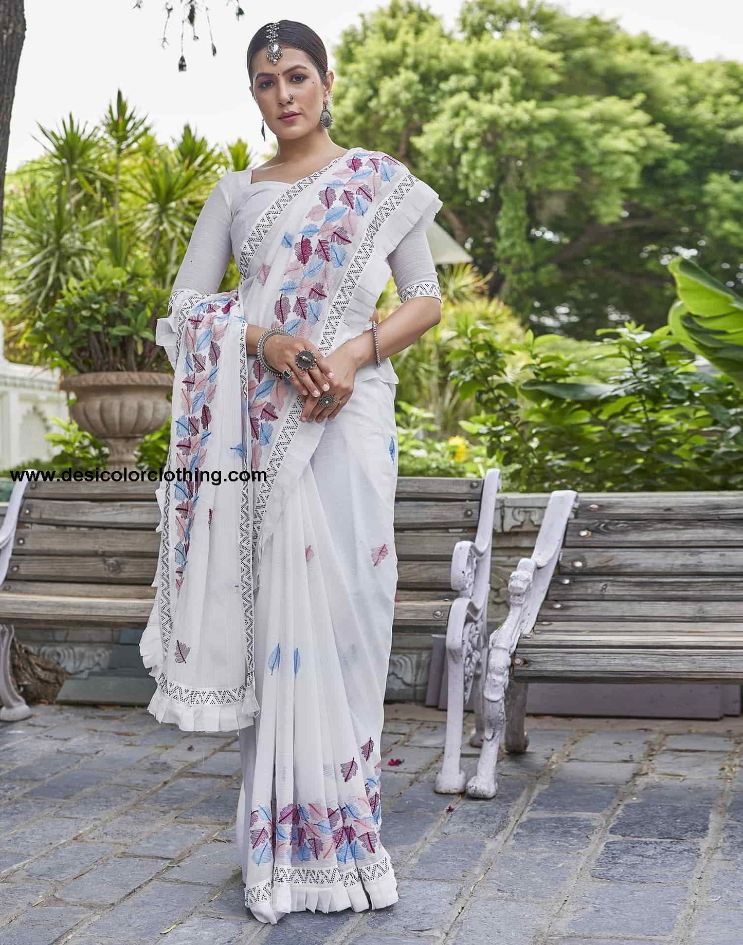 White Embroidery Georgette Stone Work Saree