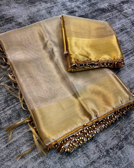 Product Image - Elegant Golden Tissue Silk Saree Inspired by Nayanthara Mam | Designer Antic Gold Border