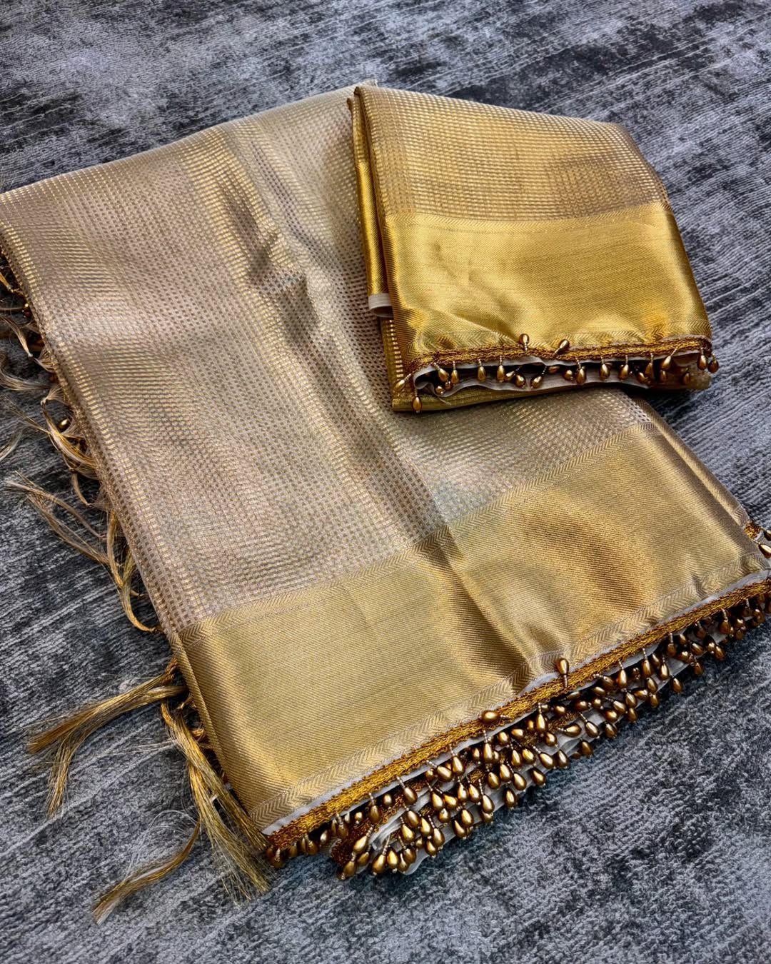 Product Image - Elegant Golden Tissue Silk Saree Inspired by Nayanthara Mam | Designer Antic Gold Border