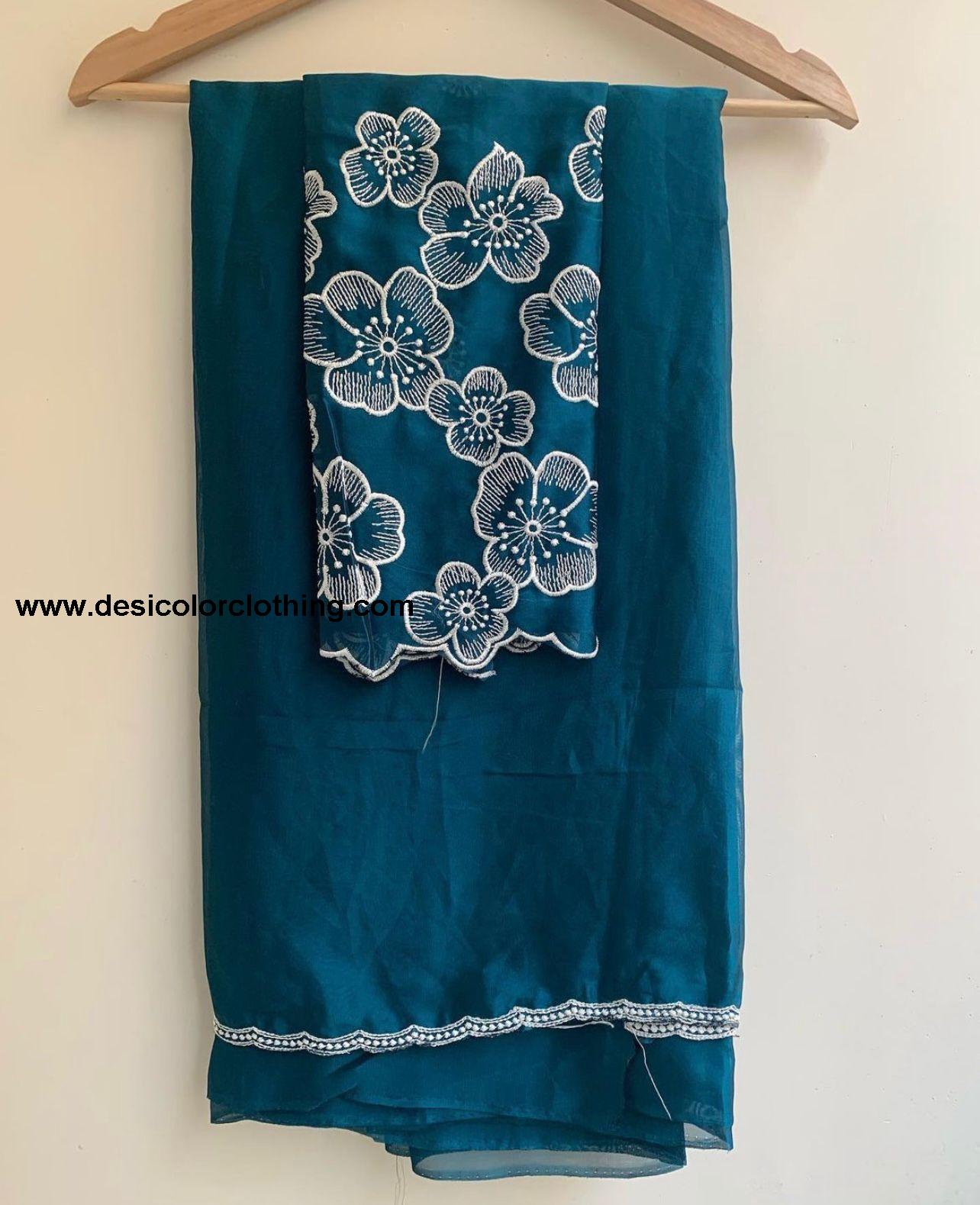 White Rose Chinon Saree with Multi-Embroidery and Piping Work