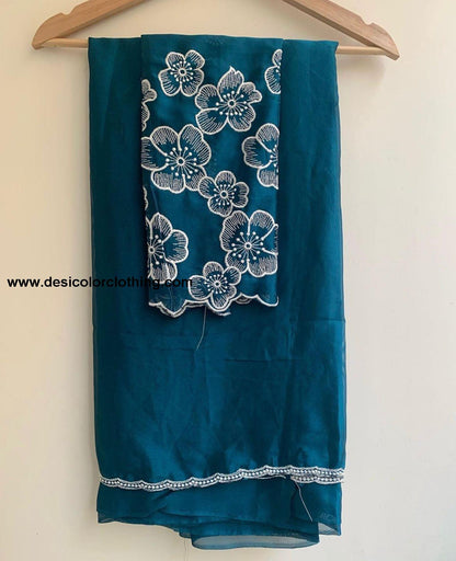 White Rose Chinon Saree with Multi-Embroidery and Piping Work