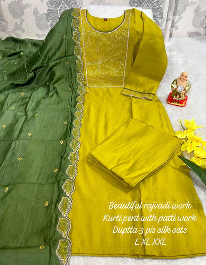 Product Image - Designer Handwork Kurti with Pant & Dupatta Set in Premium Roman Silk – Festive & Wedding Ready