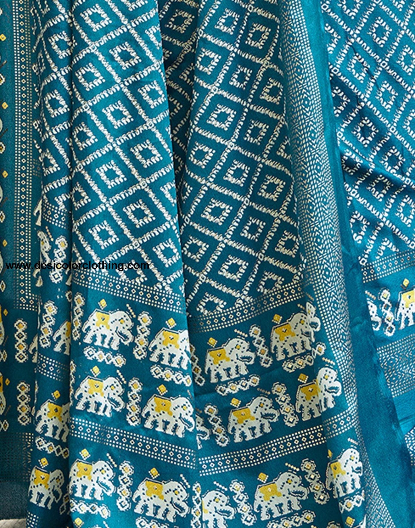 Dark Teal Blue Printed Silk Saree