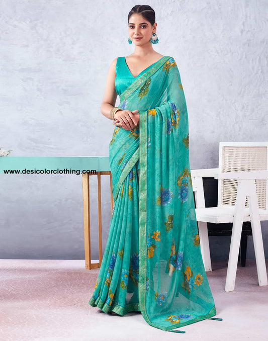 Turquoise Printed Chiffon Saree