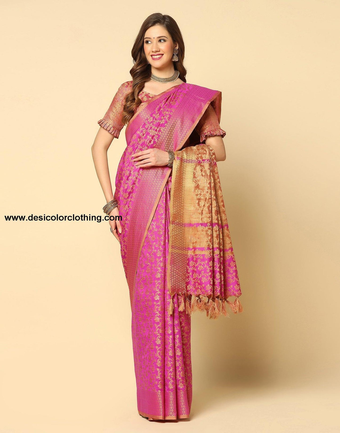Pink. Beige Banarasi Silk Saree