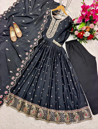 Black Anarkali suit with golden embellishments and elegant design