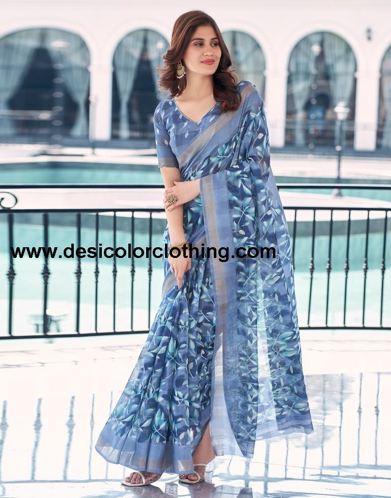 Steel Blue Cotton Printed Saree
