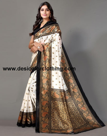 White Printed Silk Saree