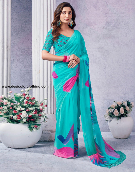 Turquoise Georgette Printed Saree