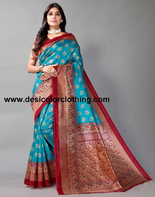 Rama Blue Printed Silk Saree
